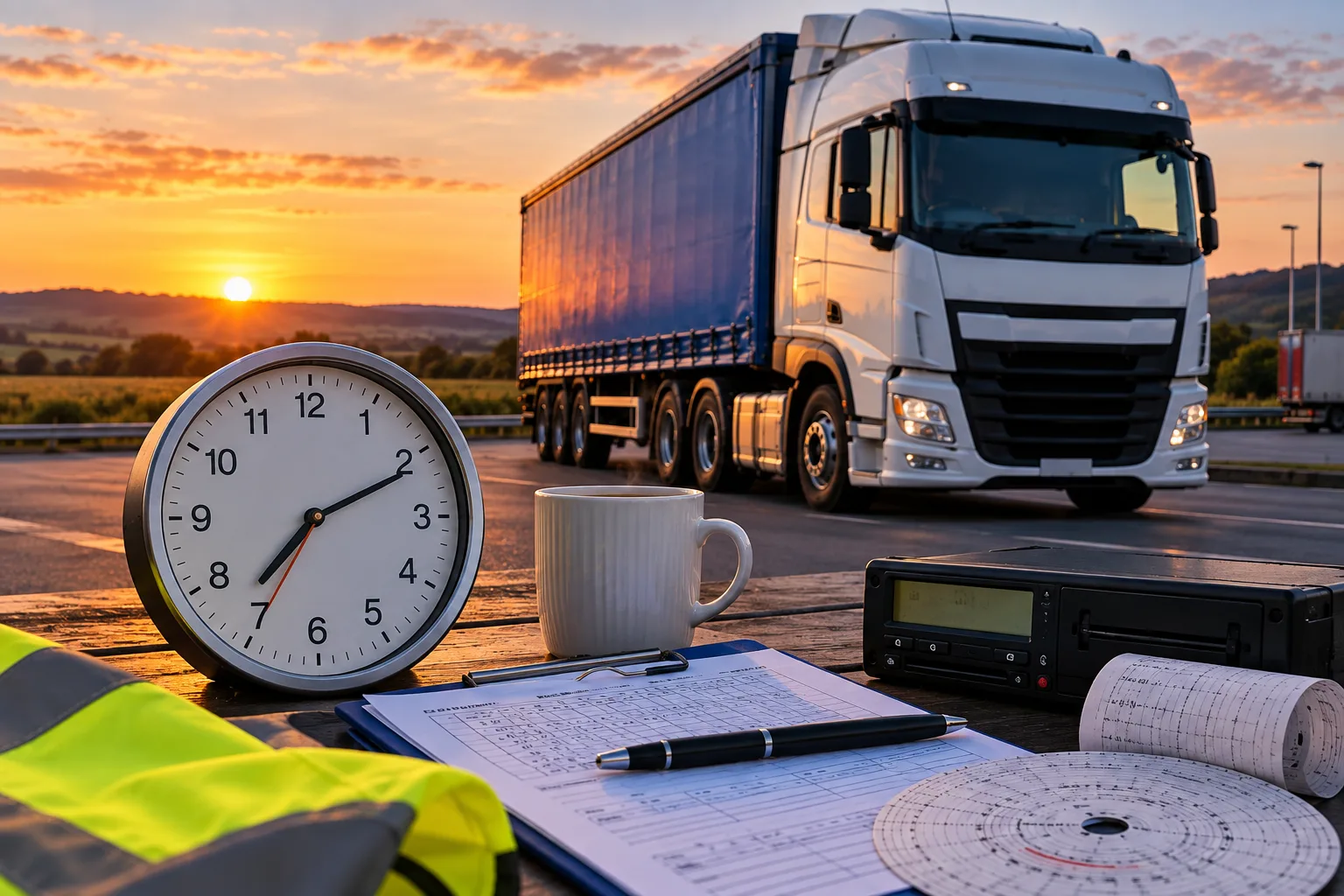 HGV with clock, tachograph and driver records representing HGV drivers’ hours and Working Time rules in the UK.