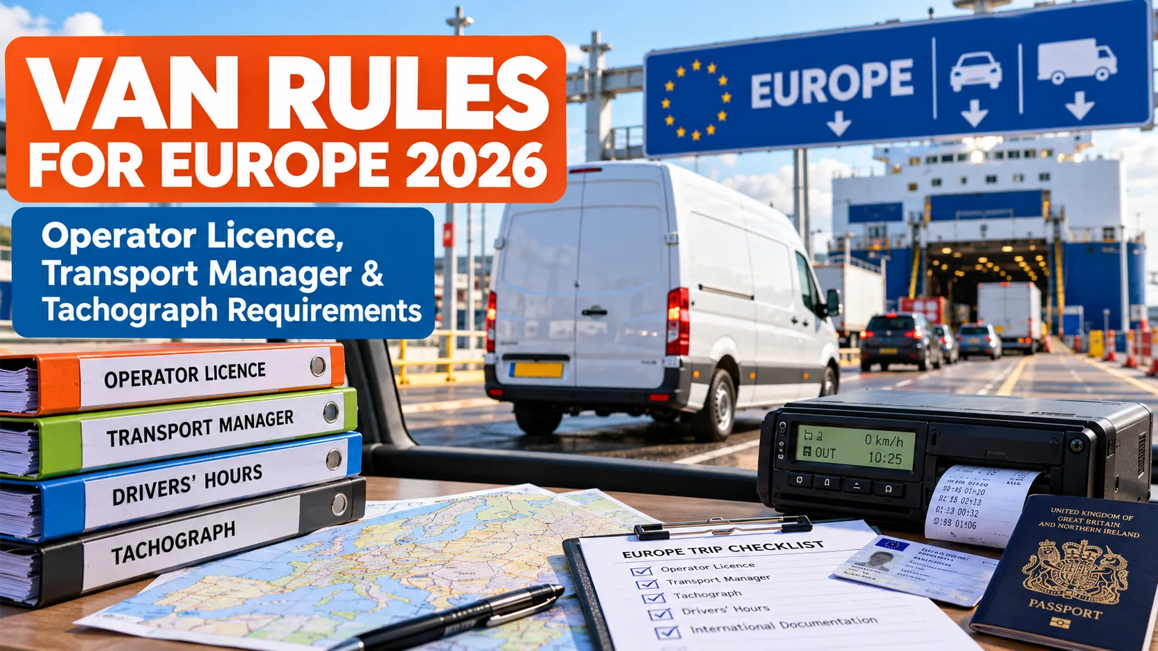 White van travelling to Europe with tachograph equipment representing the 2026 Operator Licence and tachograph rules for international van operators