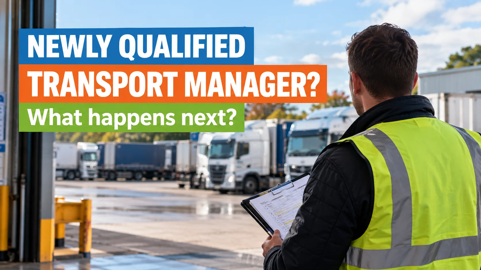 Newly qualified Transport Manager reviewing vehicle maintenance and compliance records in a UK transport office