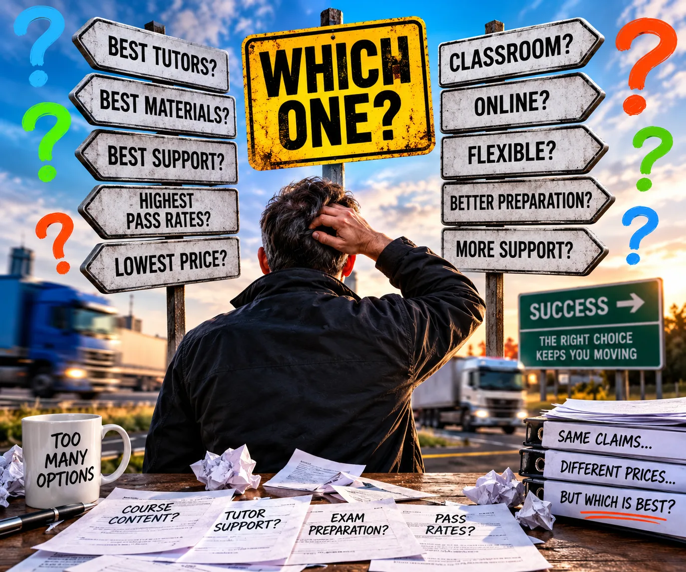 Person choosing between Transport Manager CPC course options including tutors, learning materials, support, pass rates, price, classroom and online training.