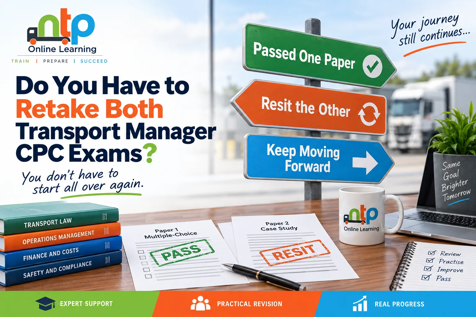 Transport Manager CPC exam resit showing that learners who pass one exam only need to resit the paper they failed
