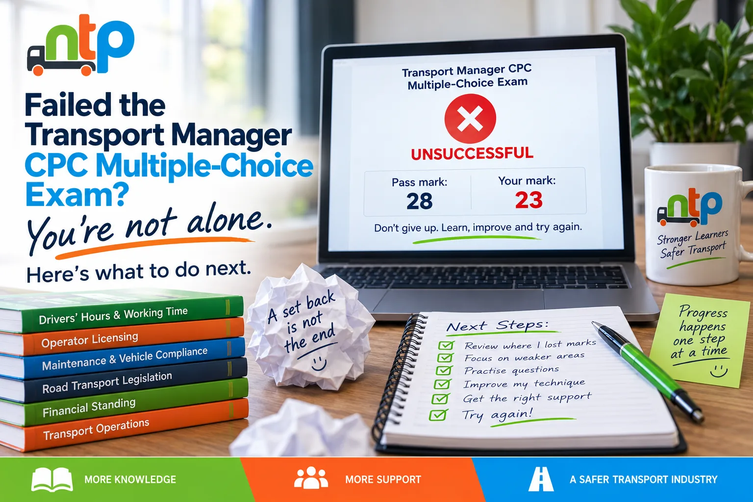 Failed Transport Manager CPC multiple-choice exam showing a pass mark of 28 and learner mark of 23, with revision and resit advice.
