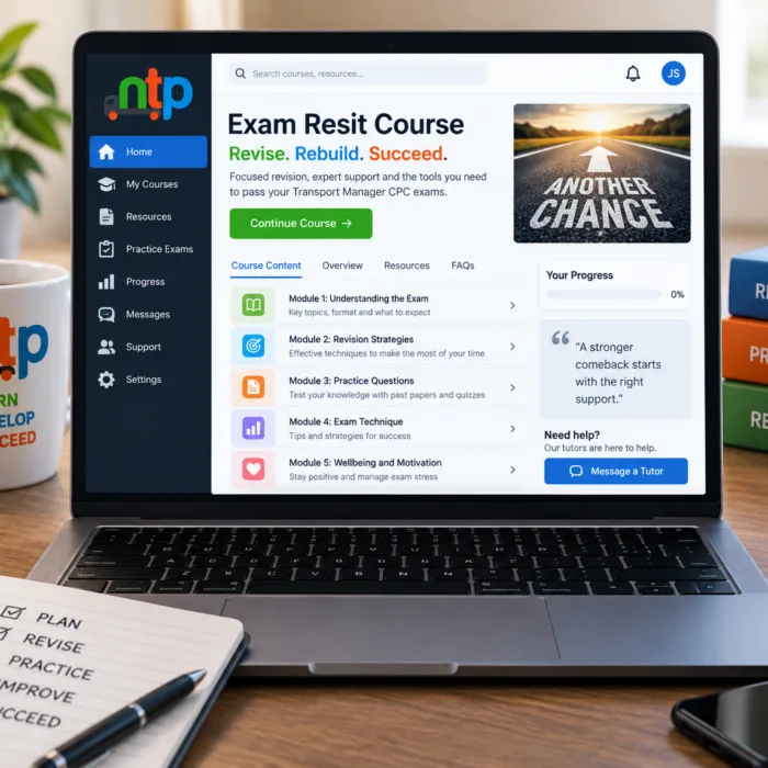 Transport Manager CPC Exam Resit Course online with NTP revision, practice exams and tutor support for UK candidates.