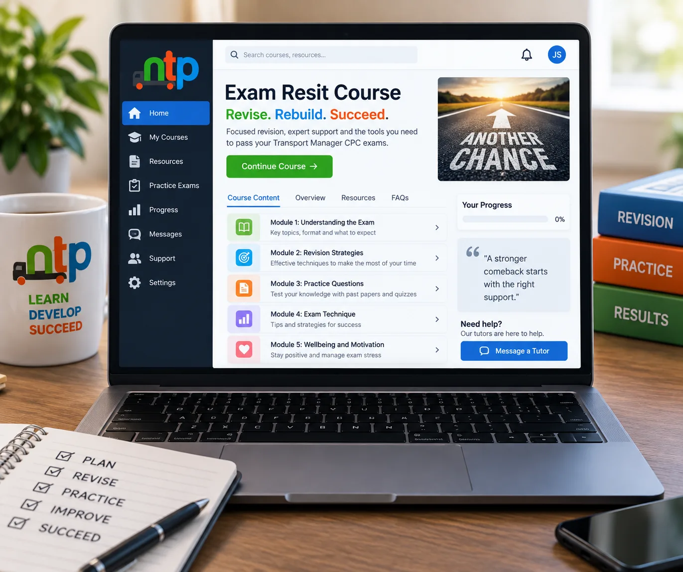 Transport Manager CPC Exam Resit Course online with NTP revision, practice exams and tutor support for UK candidates.