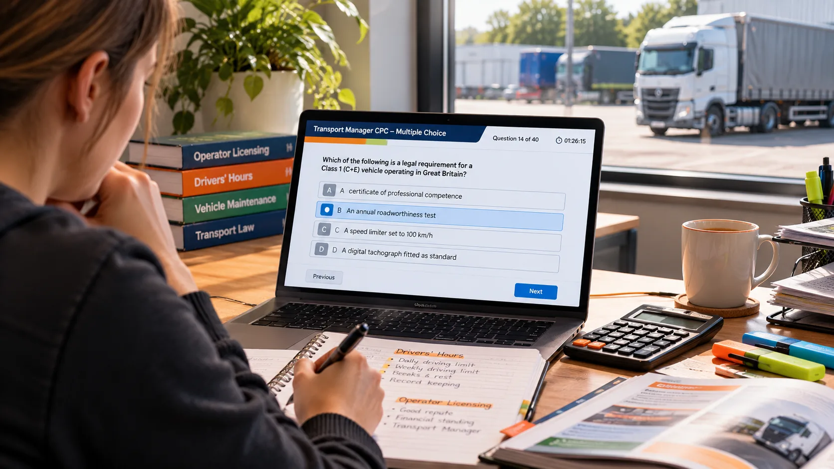 Transport Manager CPC multiple-choice exam preparation with practice questions, calculator and UK HGV