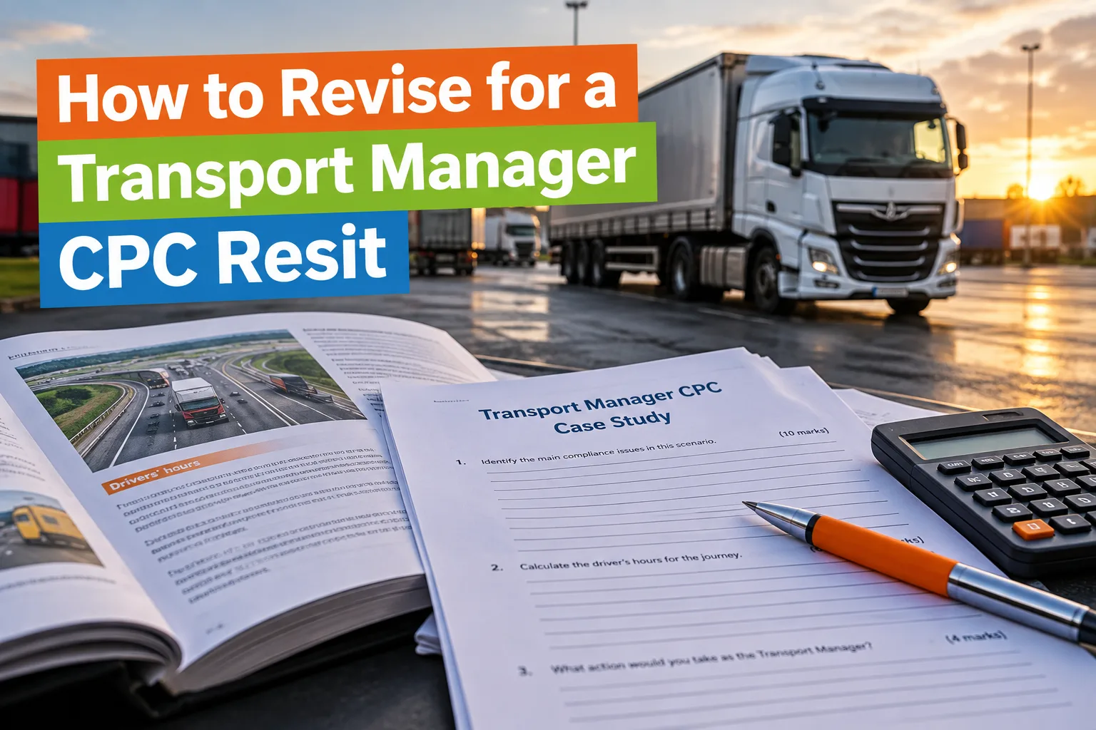 Transport Manager CPC resit revision materials and case study practice with an HGV in the background.
