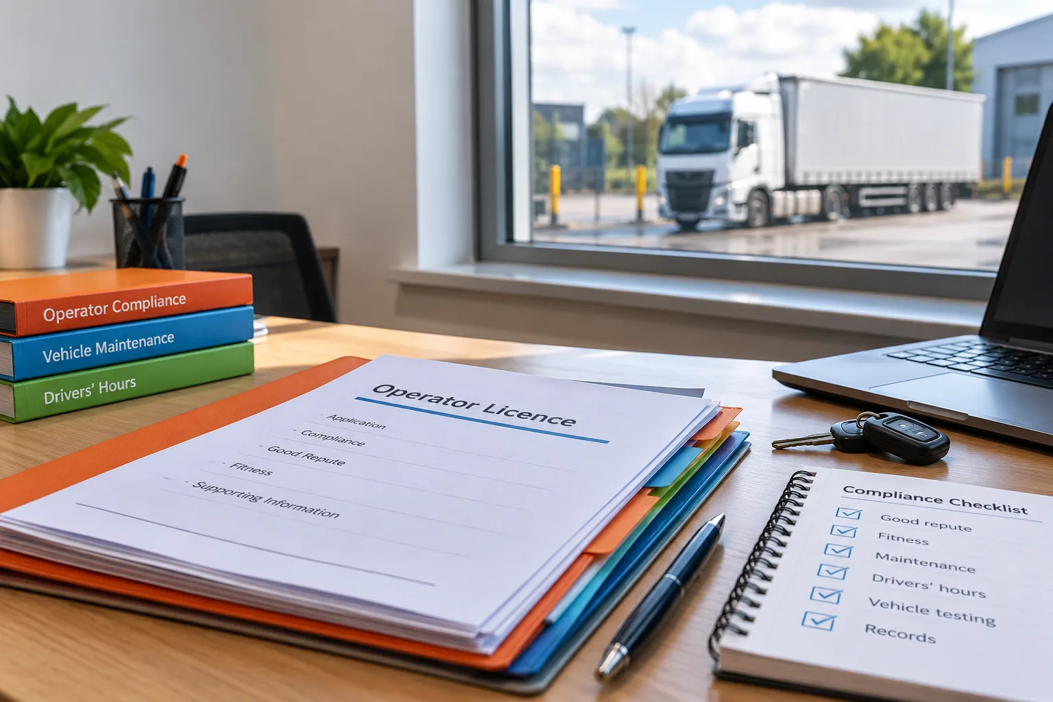 Operator Licence and compliance paperwork on a UK transport office desk with an HGV visible outside.