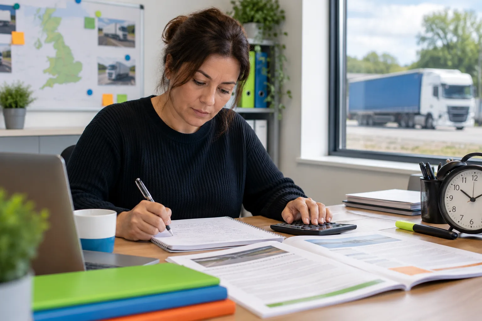 Learner preparing for the Transport Manager CPC Case Study exam with revision notes, calculations and practice materials.