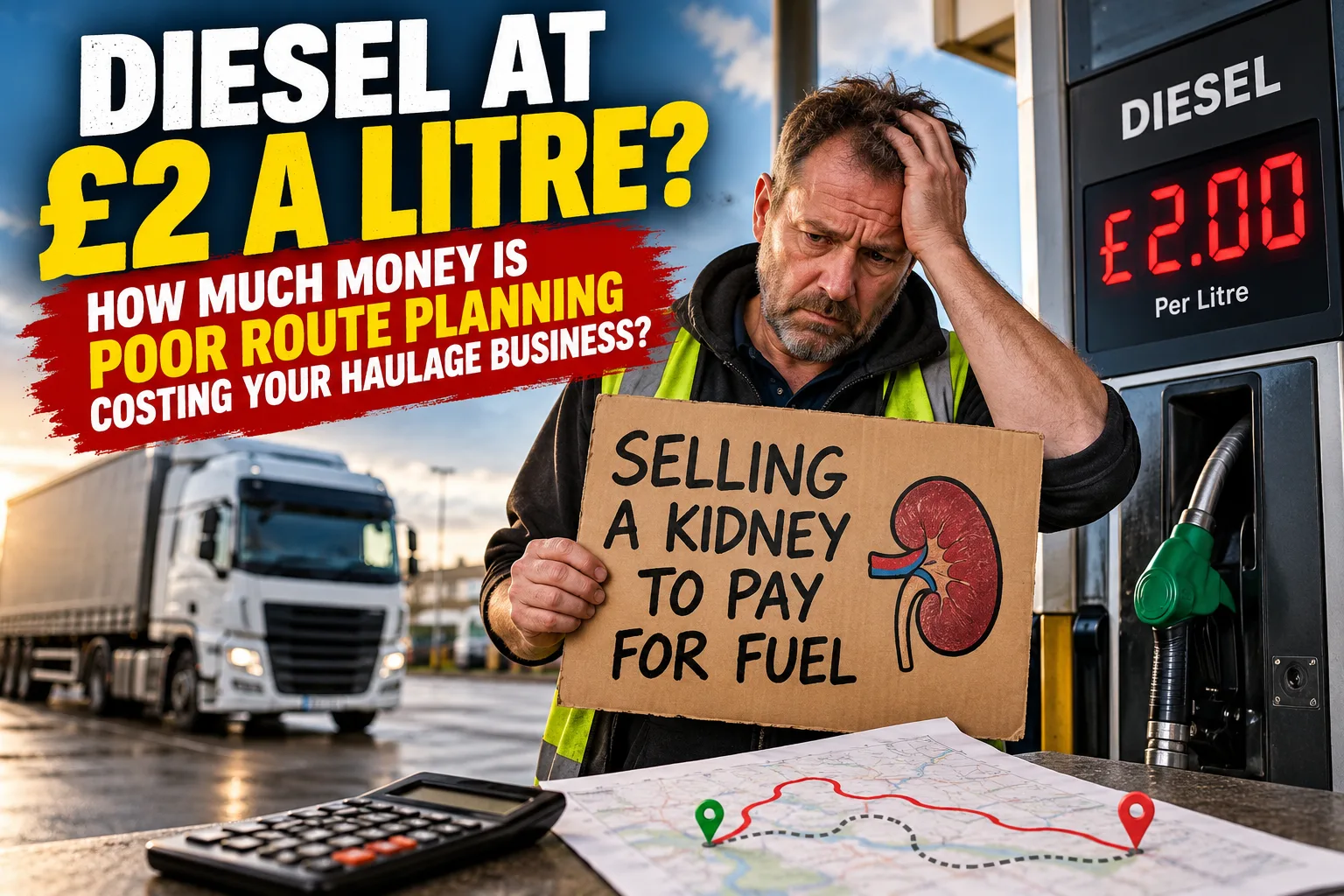 Worried HGV driver at a diesel pump displaying £2 per litre, holding a humorous sign saying selling a kidney to pay for fuel, highlighting rising haulage costs.