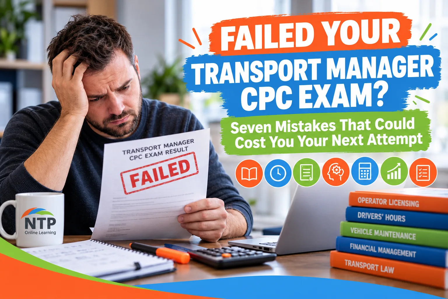 Disappointed learner reviewing a failed Transport Manager CPC exam result, highlighting seven common revision mistakes to avoid before a resit.