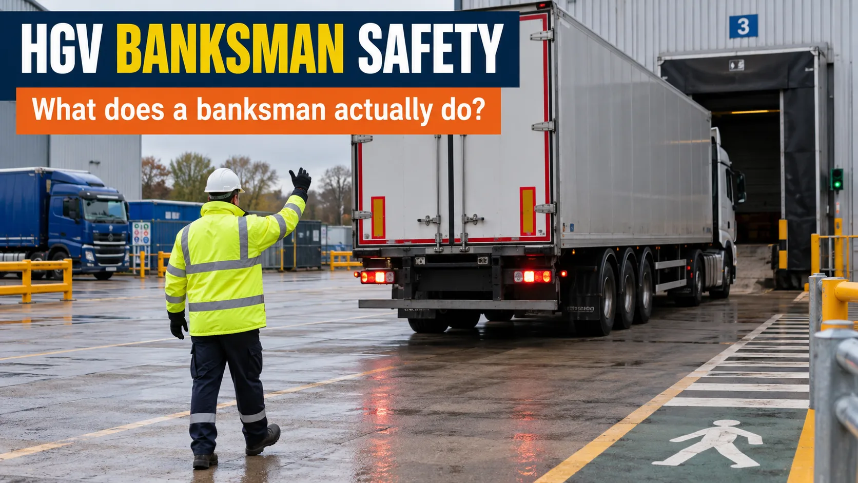 Trained banksman safely guiding a reversing HGV in a UK haulage yard
