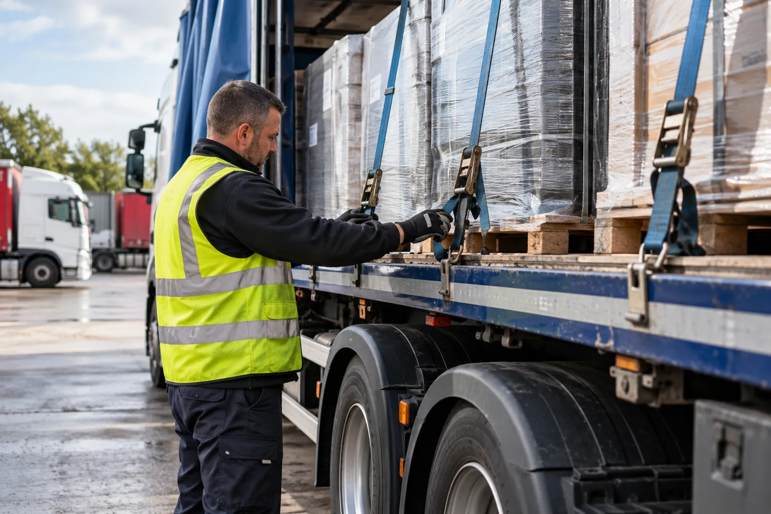 HGV driver checking a secured load on a lorry before starting a journey in the UK