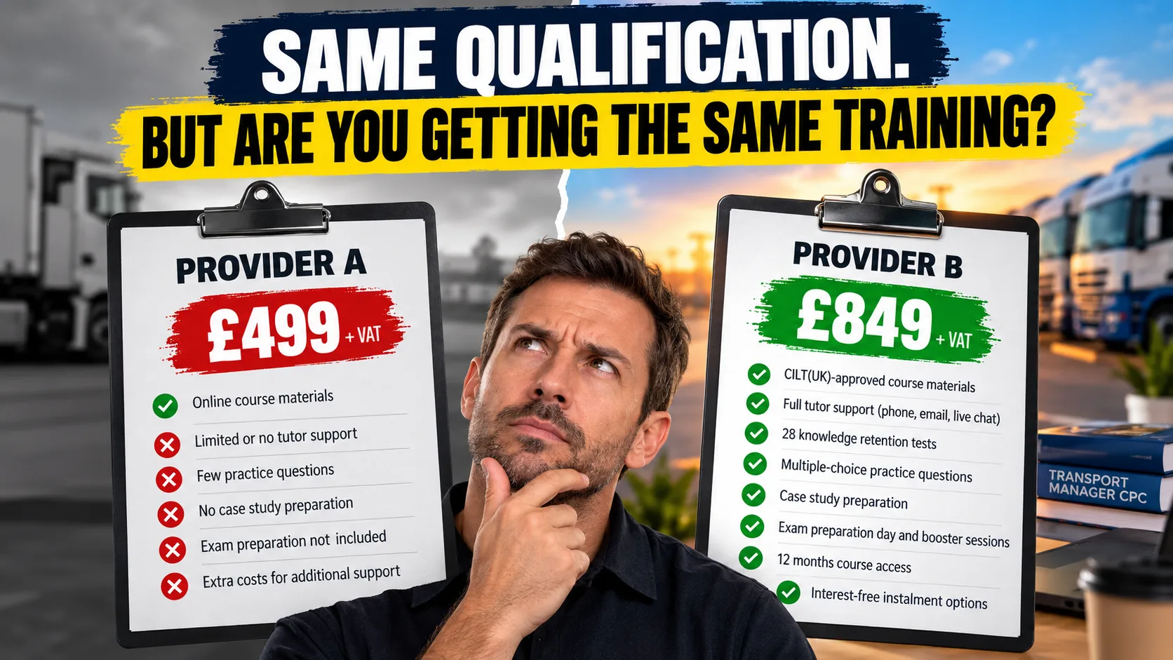 Comparison of Transport Manager CPC training providers showing differences in course prices, tutor support, study materials and exam preparation.