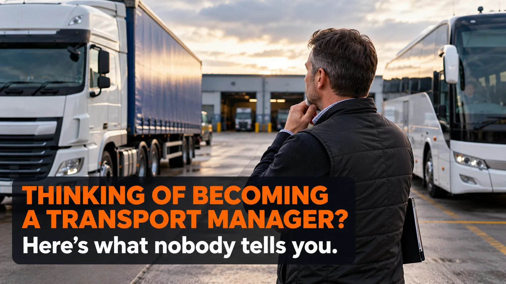 Person considering a career as a Transport Manager, standing between an HGV lorry and passenger coach at a UK transport depot.