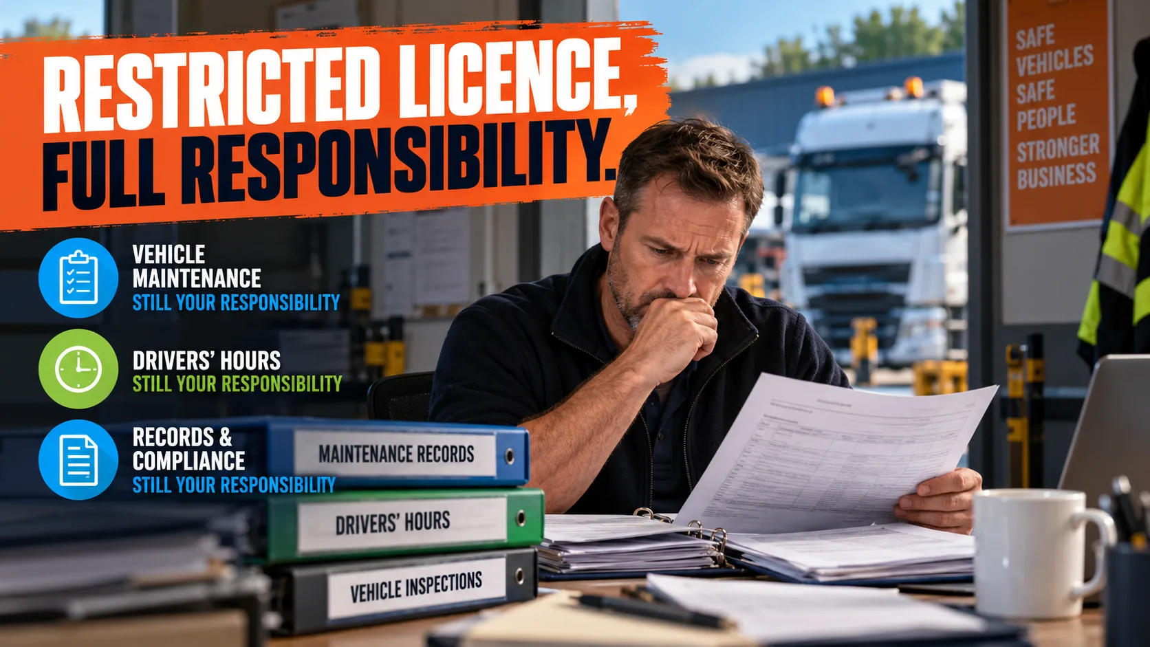 Concerned UK business owner reviewing vehicle maintenance and compliance records, highlighting the responsibilities of holding a Restricted Operator Licence.