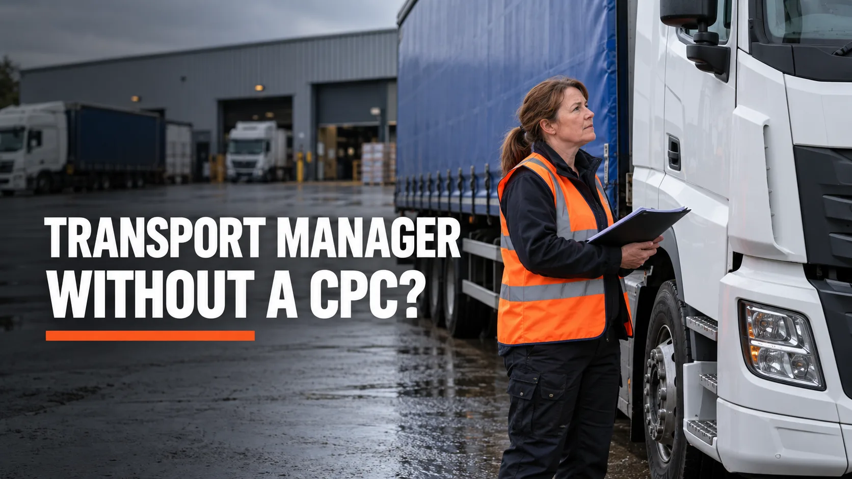 Woman in an orange hi-vis vest holding a folder beside an HGV, with the headline “Transport Manager Without a CPC?”