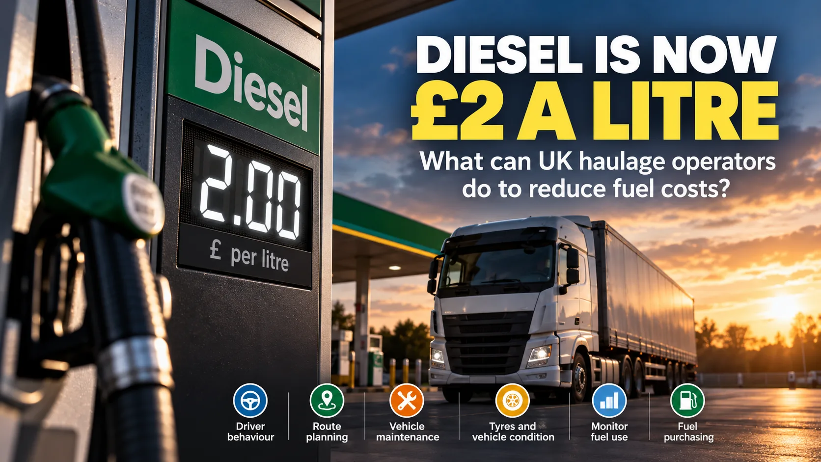 UK HGV at a fuel station showing diesel at £2 a litre, highlighting ways haulage operators can reduce fuel costs.