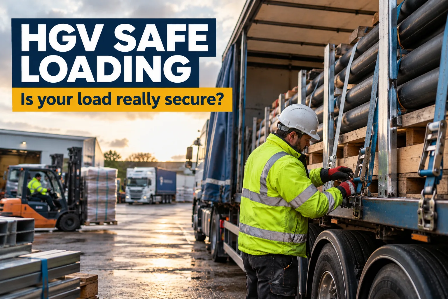 HGV driver checking a secured load on a trailer before starting a journey